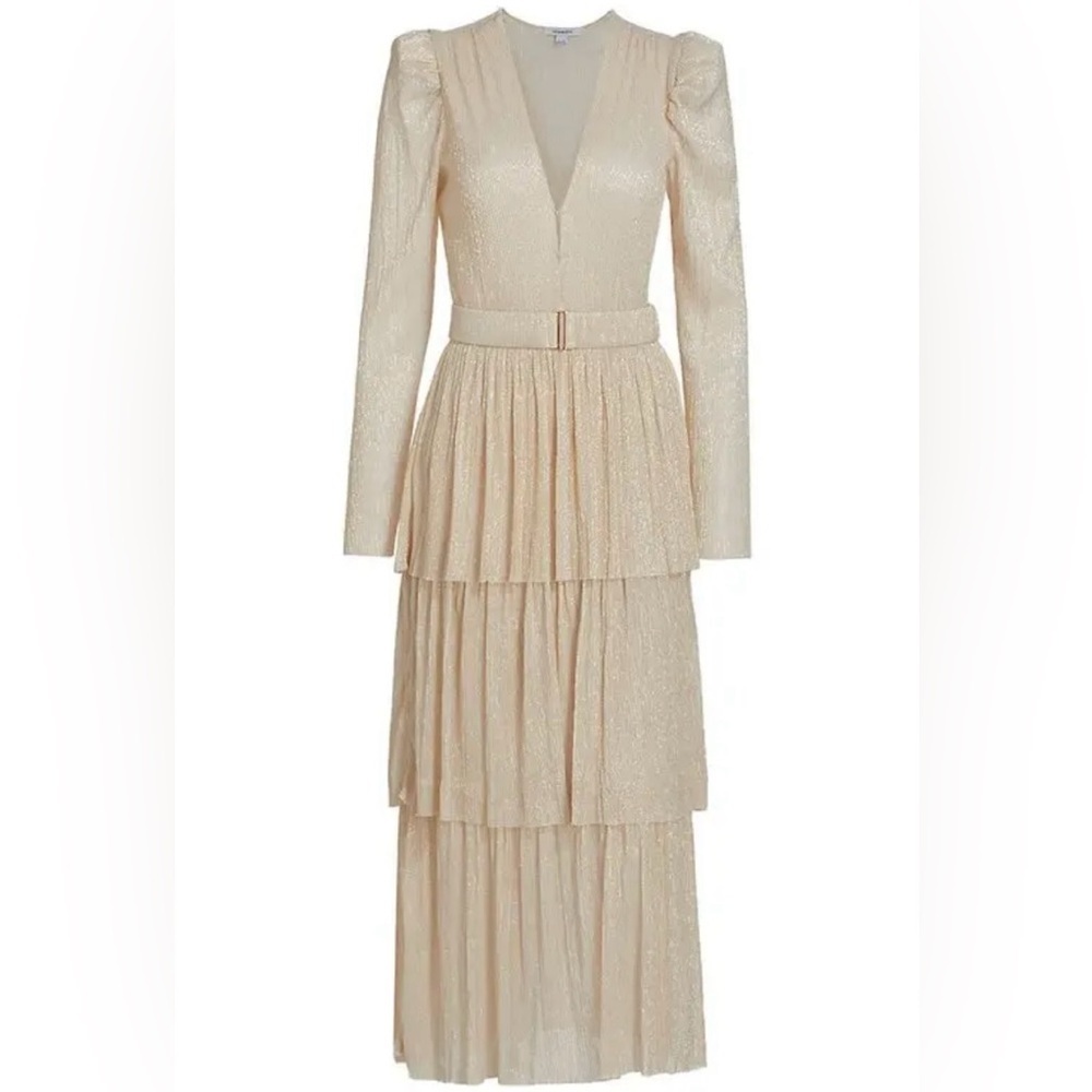 SABINA MUSAYEV Carry Tiered Belted Metallic Dress - Ivory